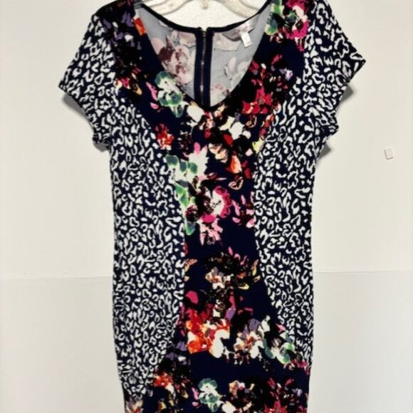 Marilyn Monroe XL Sheath Dress Navy Floral Animal Print V Neck Feminine Bold - Picture 1 of 8